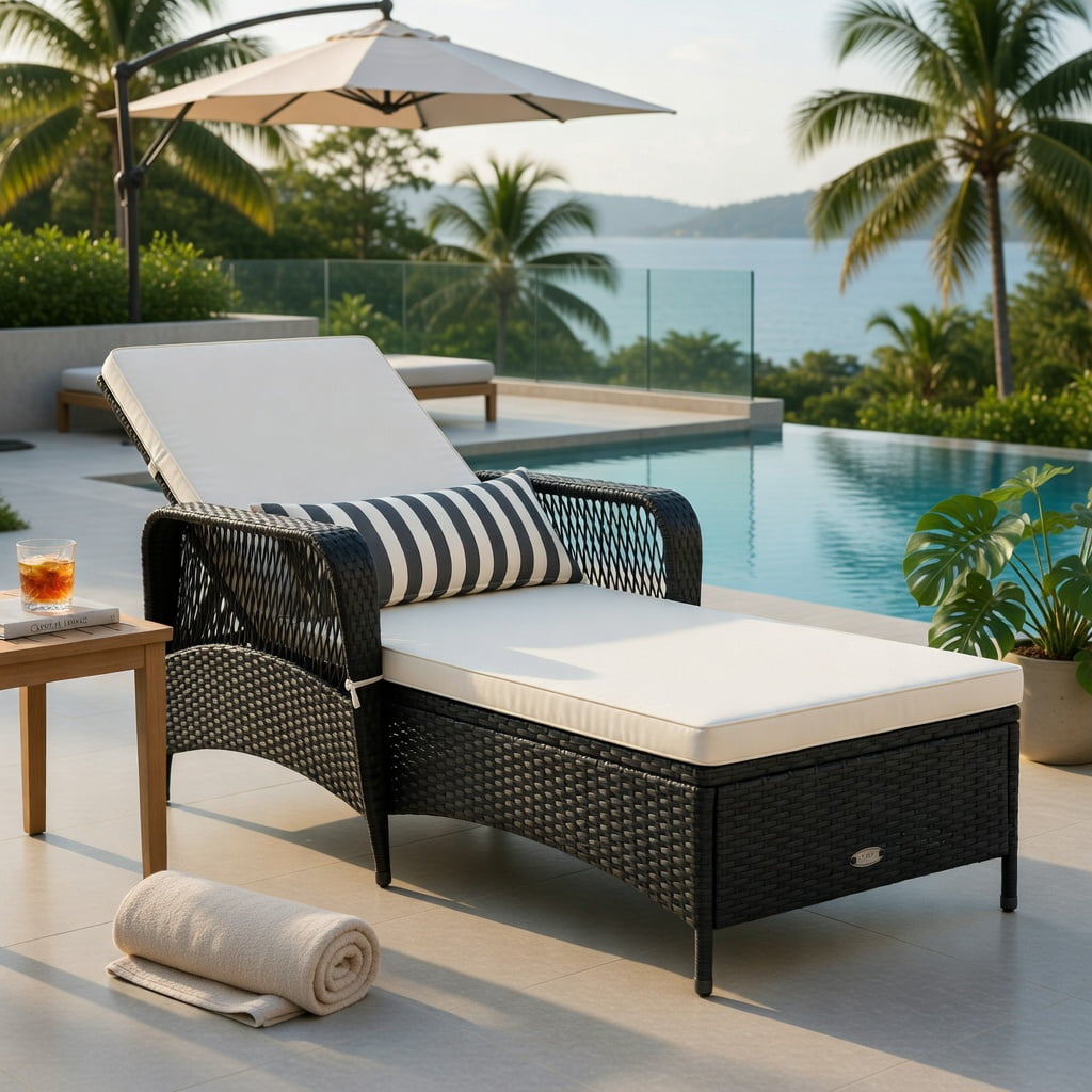 Hommoo Adjustable PE Wicker Chaise Lounge Chair with Lumbar Pillow, Outdoor Patio Recliner, Weather-Resistant Steel Frame, Off-White