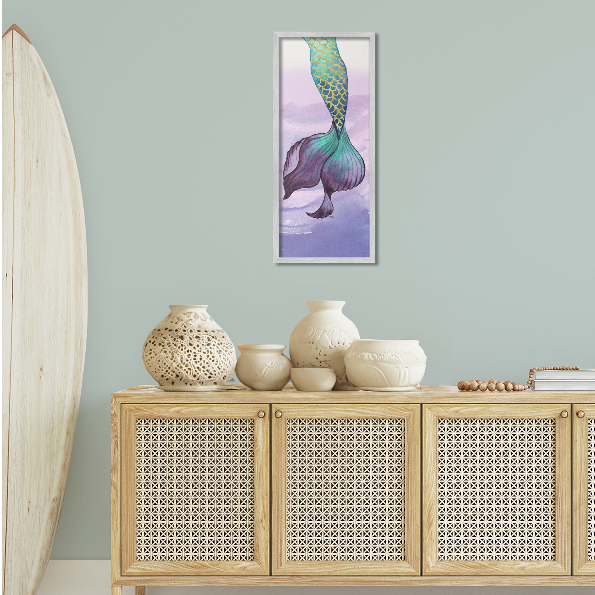 Stupell Industries Glam Accent Mermaid Tail Fairy Tales & Fantasy Painting Gray Framed Art Print Wall Art, 13 x 30