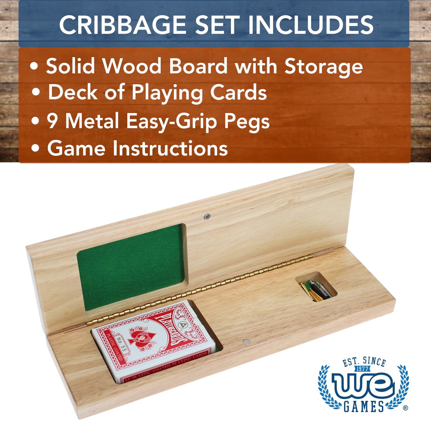 WE Games Wooden Travel Cribbage Board Game Set, Continuous 3 Track for 2-3 Players