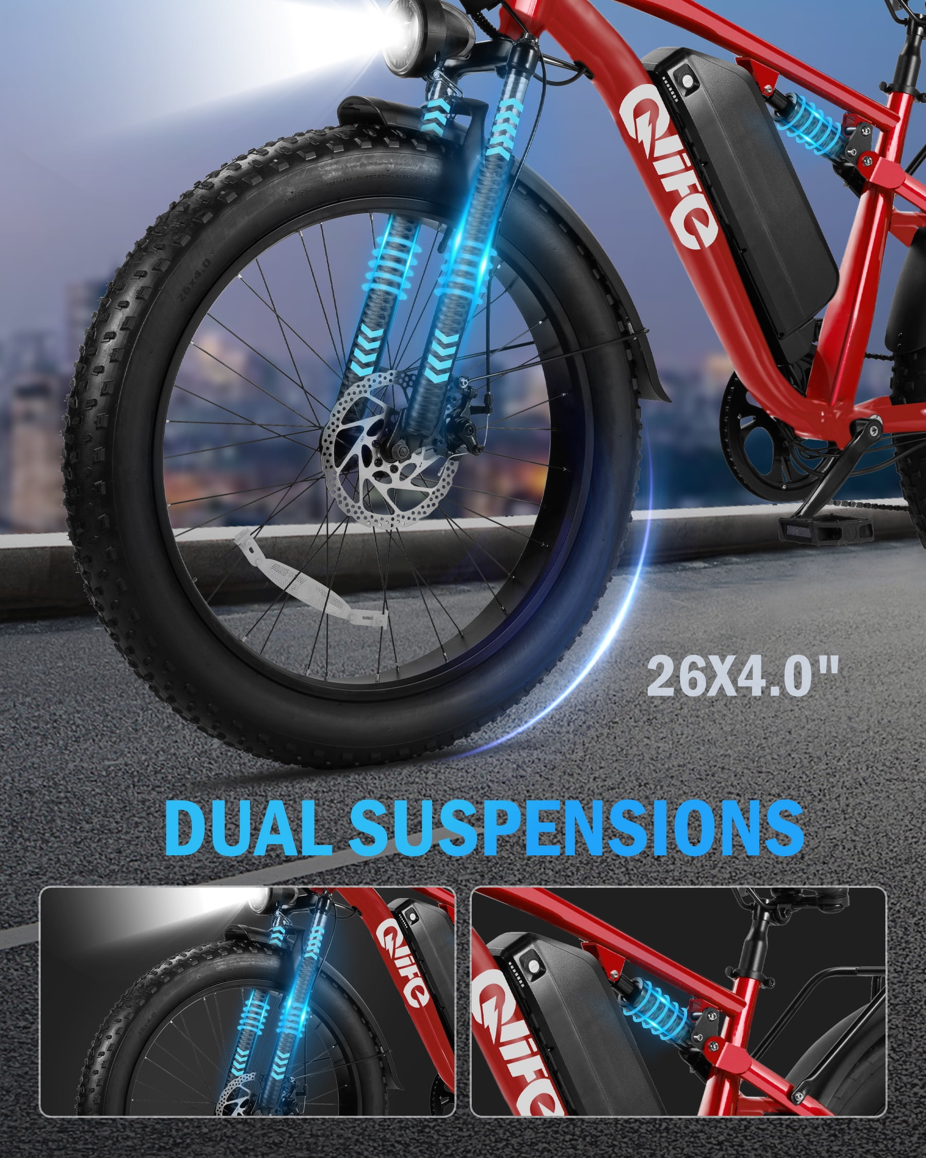 Qlife Racer Plus Electric Bike for Adults Peak 1500W Motor Up to 36MPH, 4.0 Fat Tire Mountain Bicycle with 48V 15.6AH 7 Speed Full Suspension Ebike(Red)