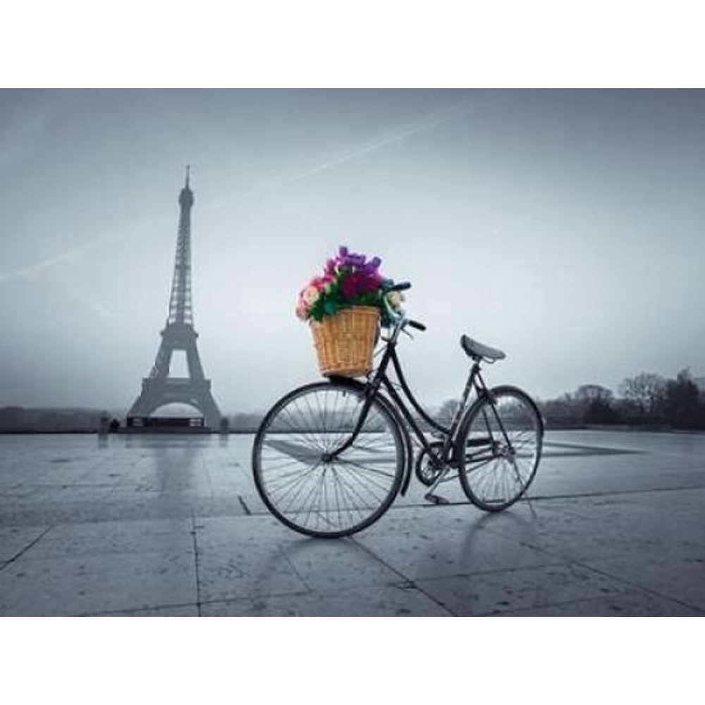 Bicycle with a basket of flowers next to the Eiffel tower, Paris