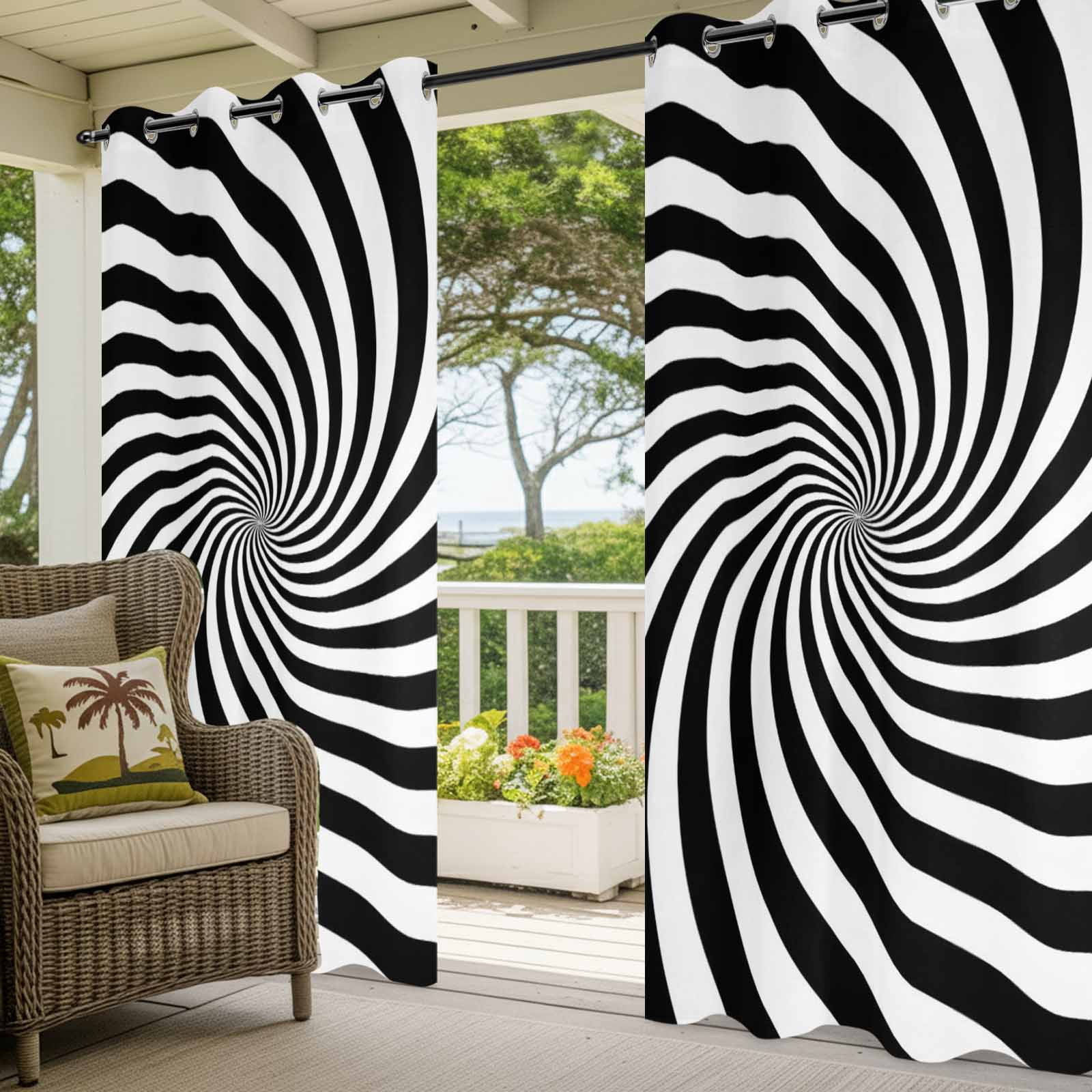 Abstract Swirl Lines Outdoor Curtains for Patio, 3D Black White Minimalist Dynamic Swirl Lines Sunshade Privacy Drapes Grommet Waterproof Outside Curtains for Porch/Cabana/Balcony 54"x 108", 1 Panel