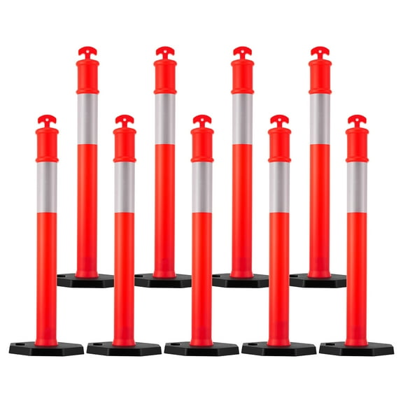 KFFKFF Set of 9 Traffic Delineator Posts, 48-inch Safety Cones with Weighted Base and Reflective Bands, Durable Posts for Construction Zones, Parking Areas, and Crowd Management, Red