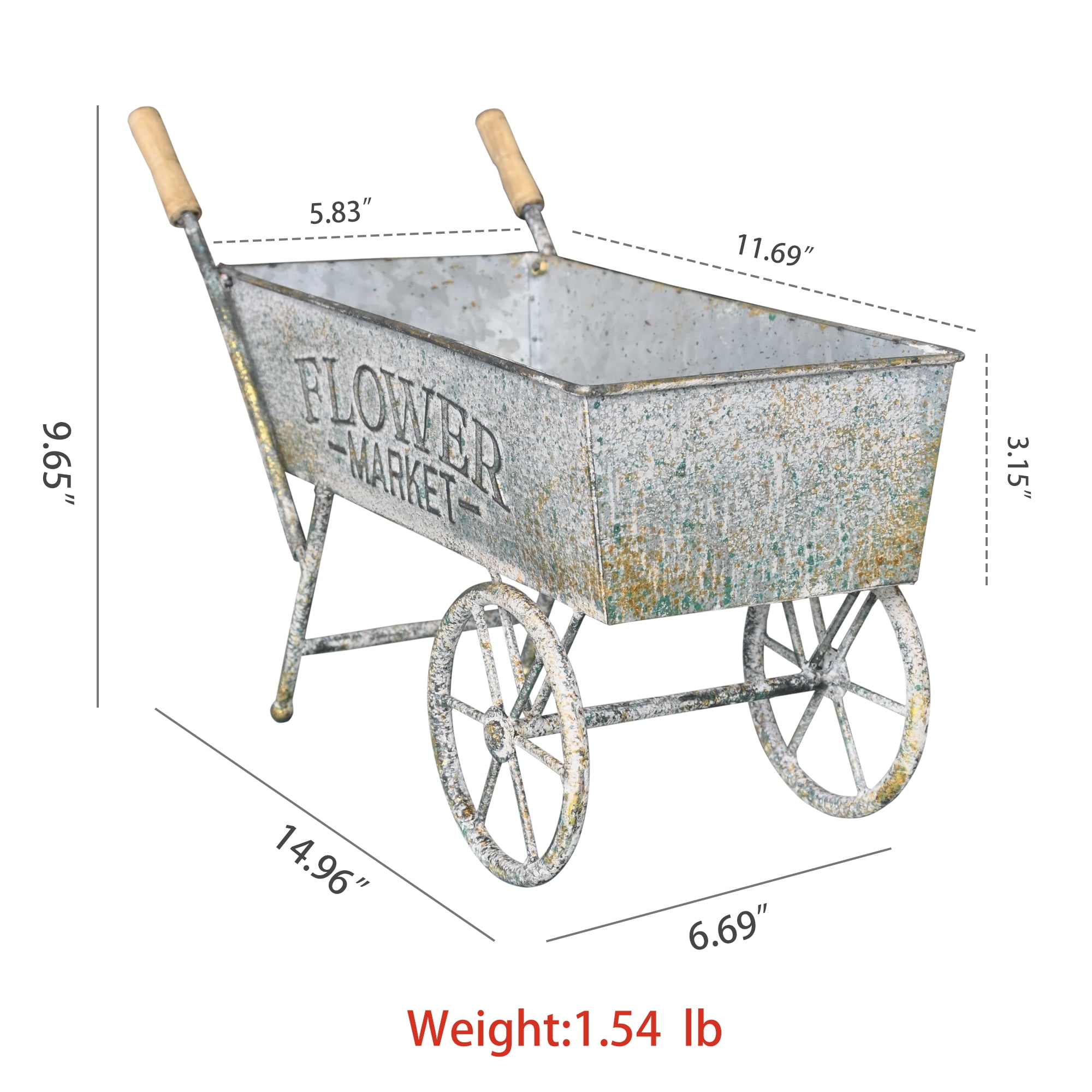 Vintage Metal Wheelbarrow Planter Cart, Small Flower Pot Holder for Indoor Outdoor Use, Rustic Farmhouse Garden Decor for Patio, Tabletop, Home Market Decor