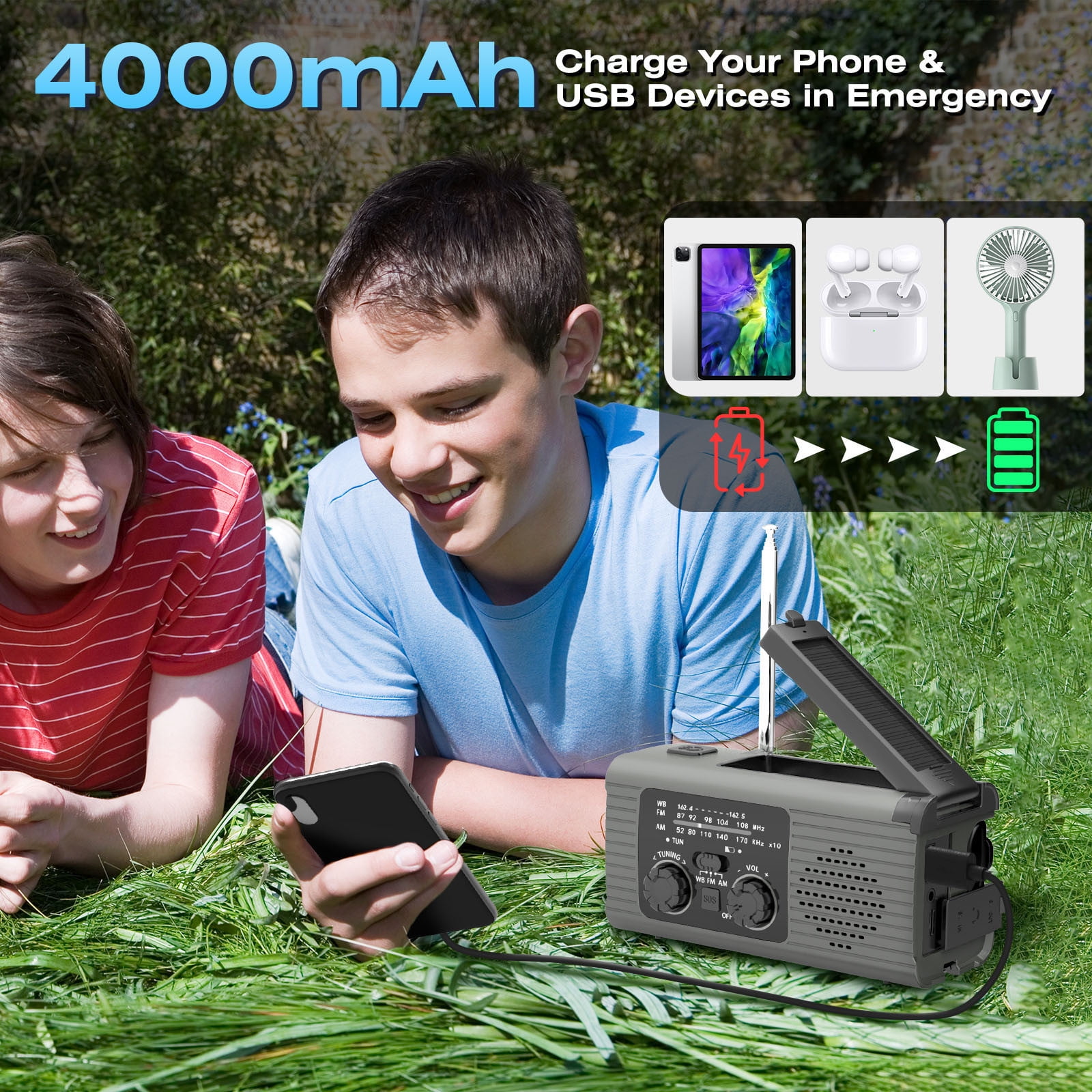 4000mAh Hand Crank Solar Emergency Weather Radio, With Full Band NOAA AM FM Signal Reception Layout, Practical Survival Gear For Outdoor Camping Hiking Wilderness Emergency Preparation