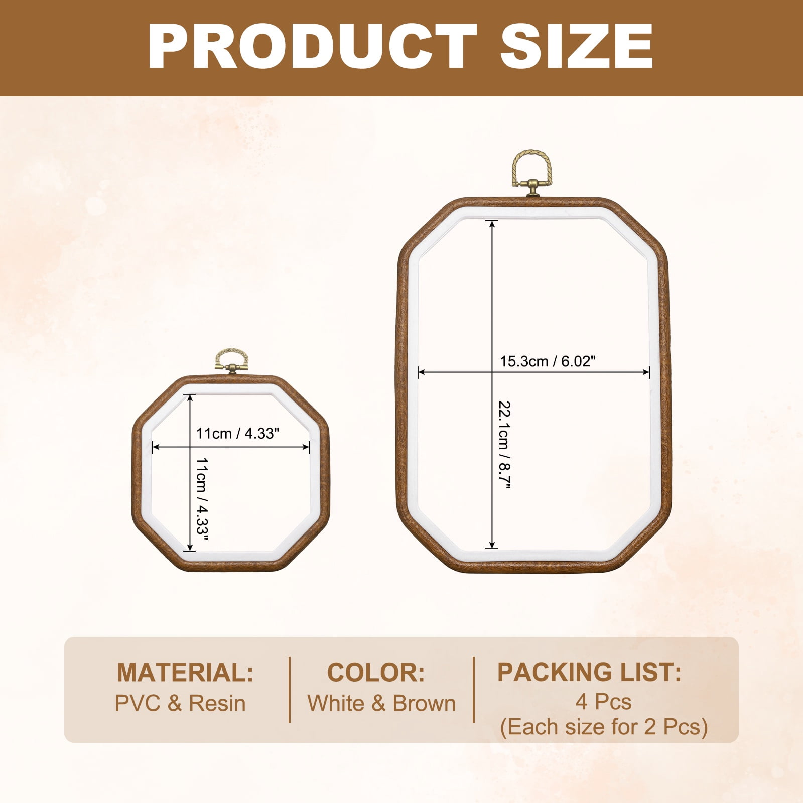 4 Pcs Embroidery Hoop Frame, Imitated Wood Octagon Cross Stitch Hoops with Metal Ring for Embroidery DIY Craft Sewing Wall Decor (5.51 x 5.51 - 7.09 x 9.84 Inch White & Brown)