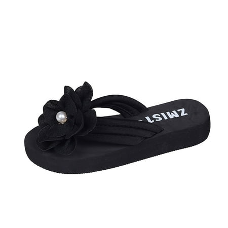 

ZTTD Ladies Fashion Summer Solid Color Suede Flower Pearl Decorative Open Toe Thick Soled Flip Flop Black