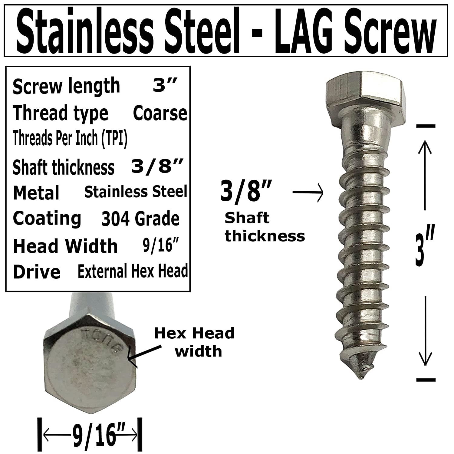 EP Hex Lag Screws, Stainless Steel, 3/8" x 3", 50 Pack