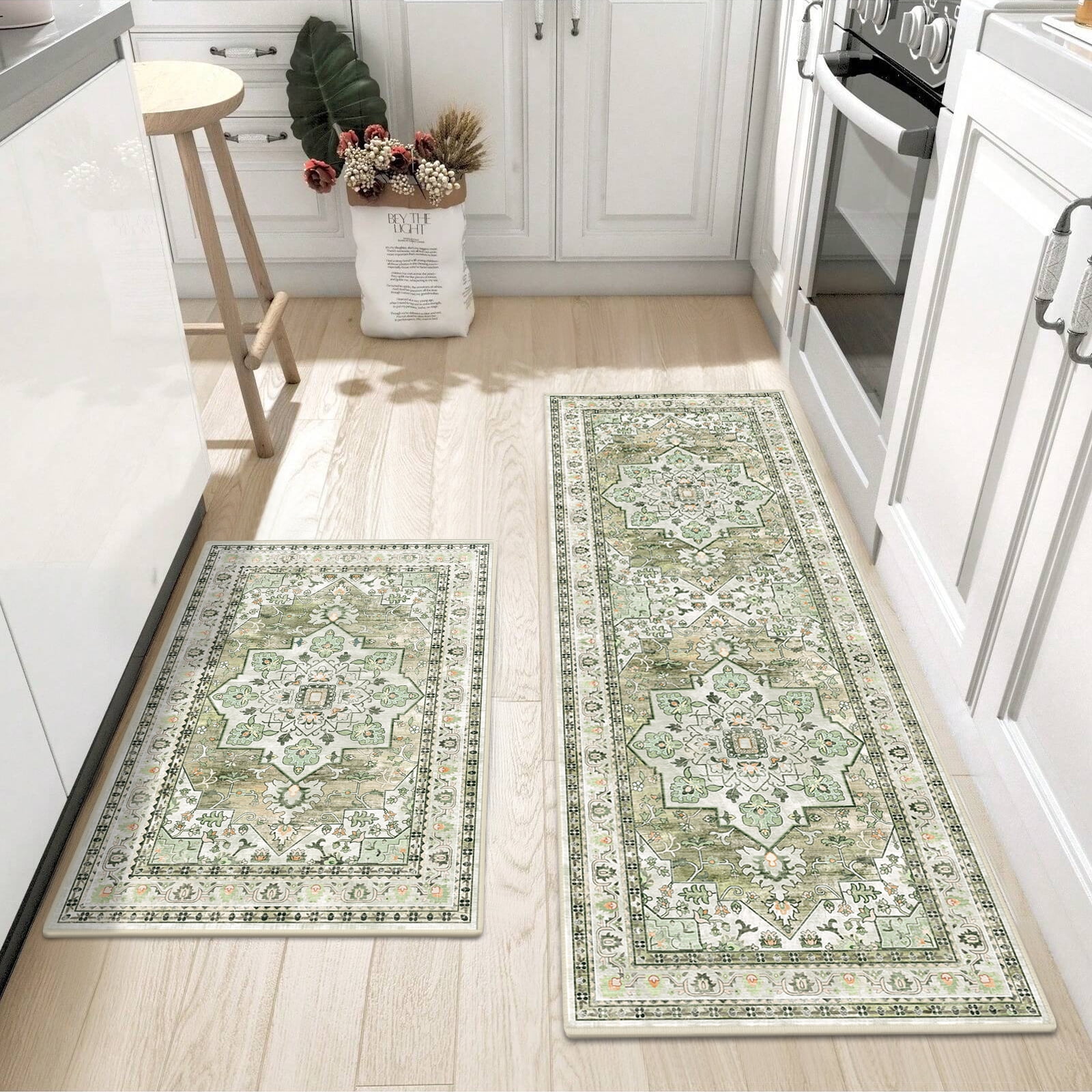 Findosom 2pcs Kitchen Rugs, Washable Boho Farmhouse Kitchen Mats for Floor, Non Slip Thick Indoor Kitchen Floor Mat Carpet Runner Rugs for Entryway Hallway Laundry Home Decor 20"x32"+20"x47" Green