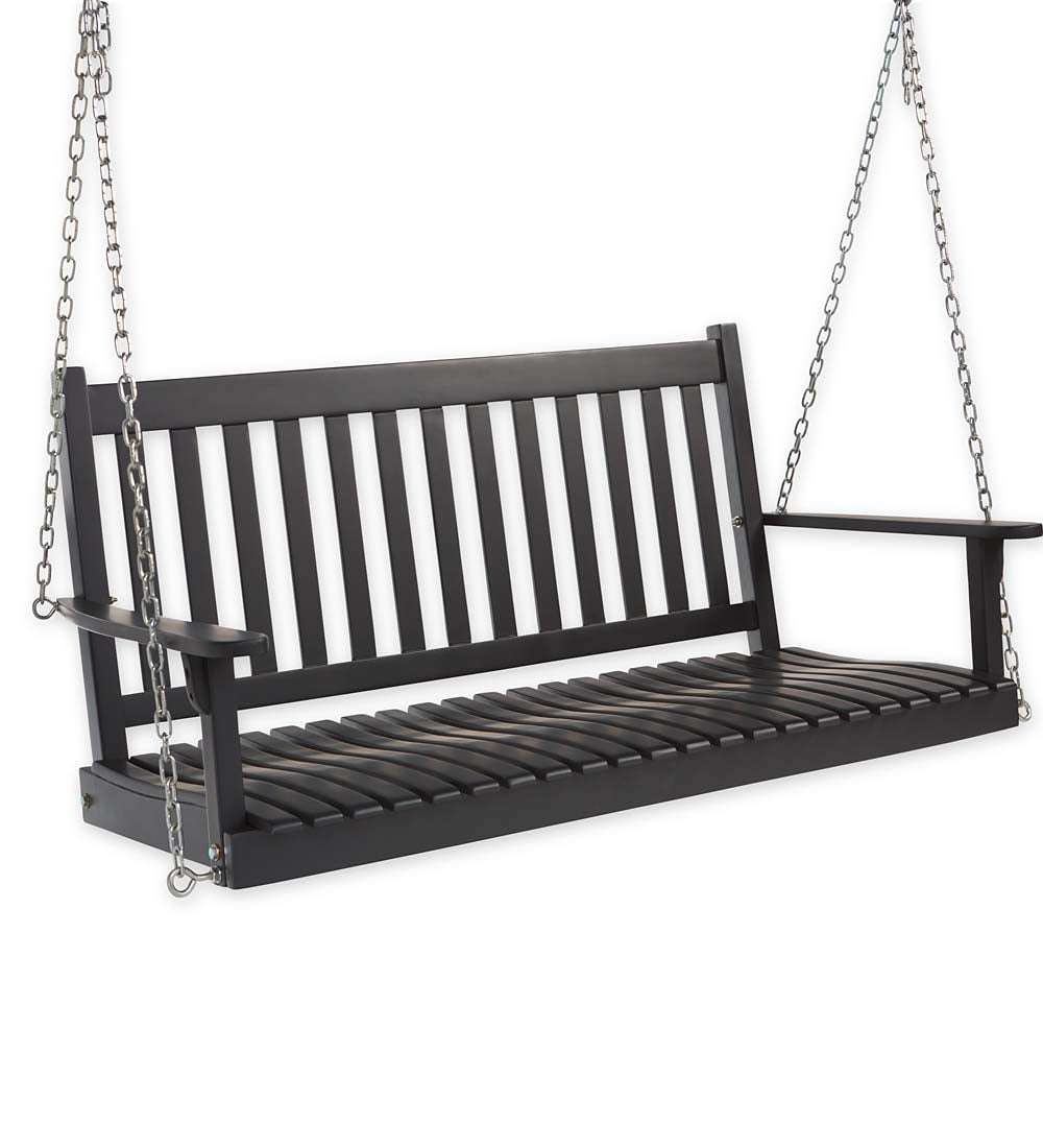 Slatted Eucalyptus Wood Porch Swing with Hanging Chains, Black