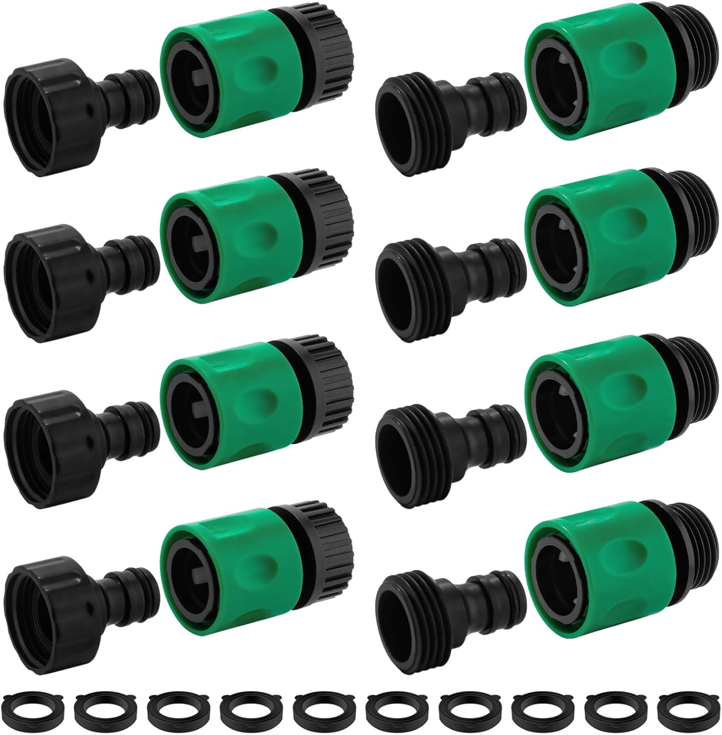 HRTGFD-16 Pieces Garden Water Hose Quick Connectors, 3/4 Inch GHT Plastic Water Hose Fittings Male and Female, Quick Connect Hose Fittings for Garden Hose Quick Connector with 10 Pieces Rubber Washer
