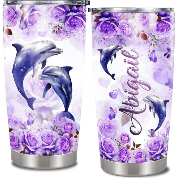 Personalized Dolphin Tumbler With Lid Customized Name Stainless Steel Double Vacuum Travel Coffee Mug Insulated Cup 20oz Dolphin Gifts for Women Birthday