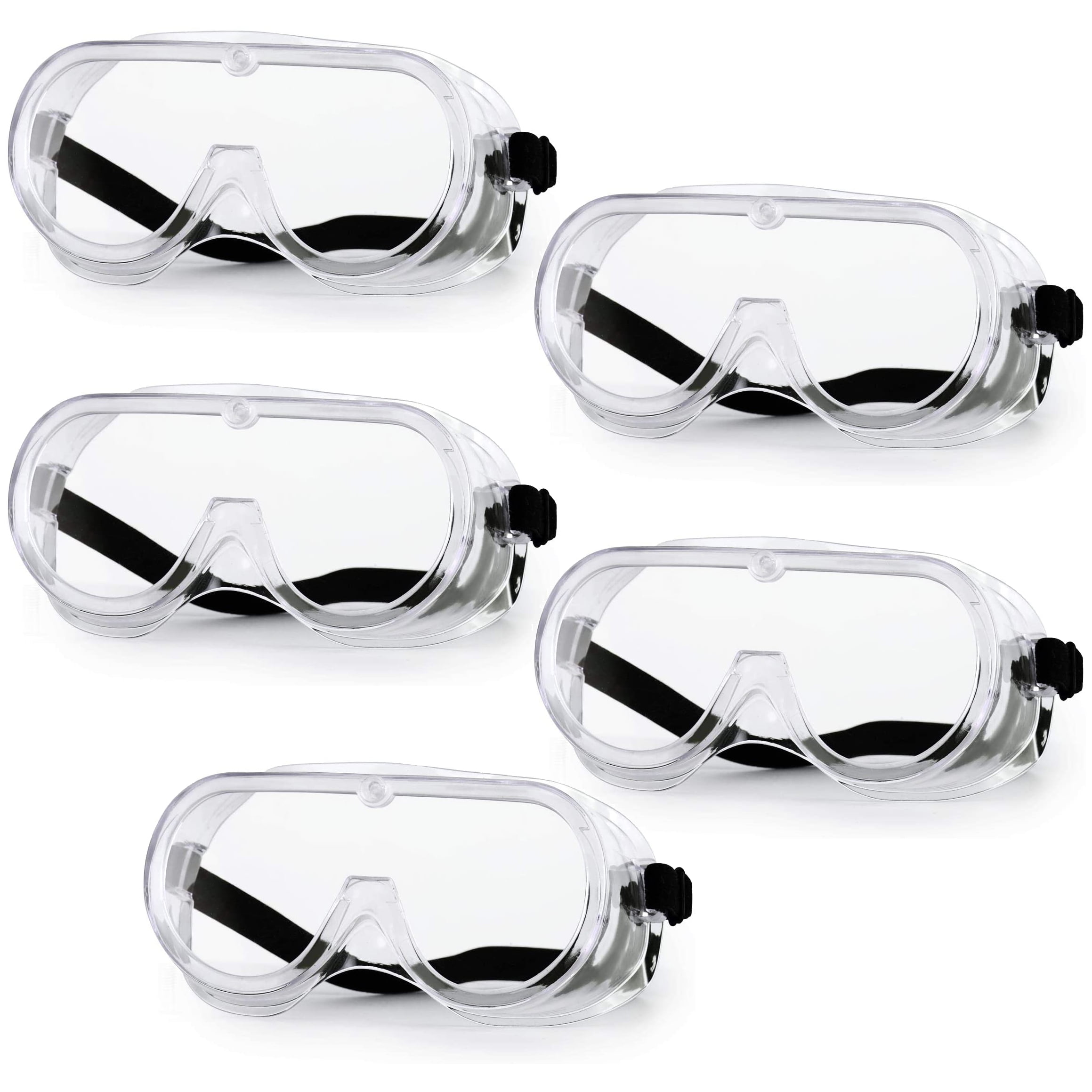 5 Pack Splashproof Clear Safety Goggles with Adjustable Strap, Clear