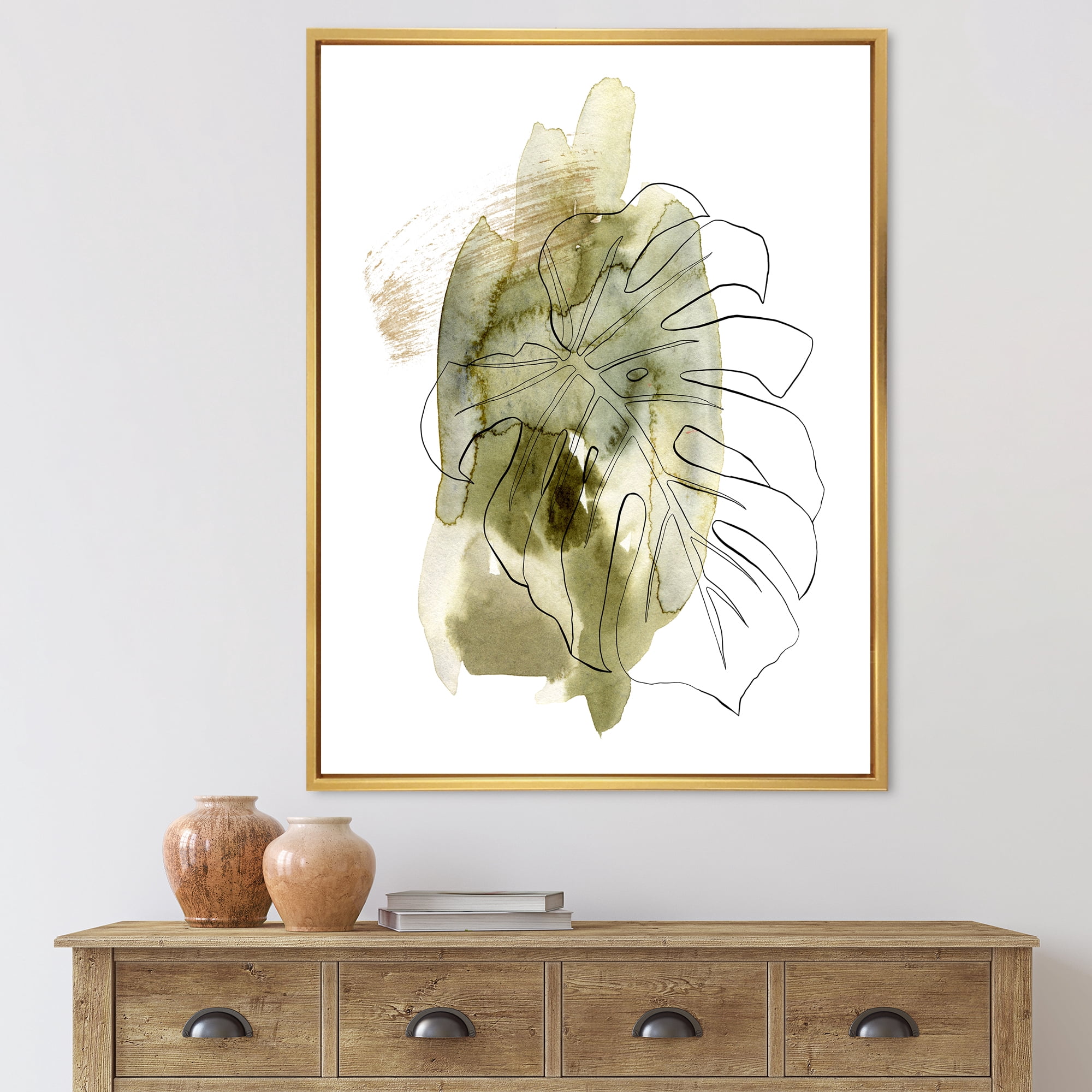 Designart 'Line Art Monstera Branch Tropical Abstract Leaves on Green' Traditional Framed Canvas Wall Art Print