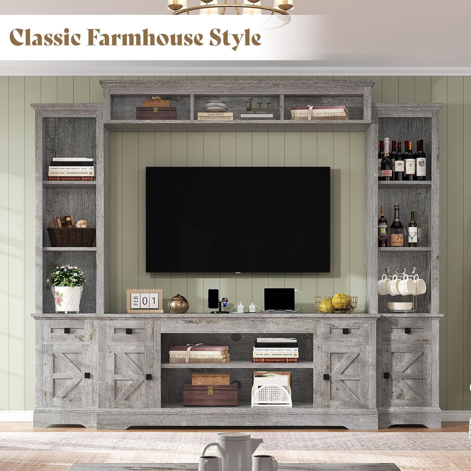 VANACC 98" Farmhouse TV Stand, Rustic Entertainment Center with Barn Door & Charging Station, Grey