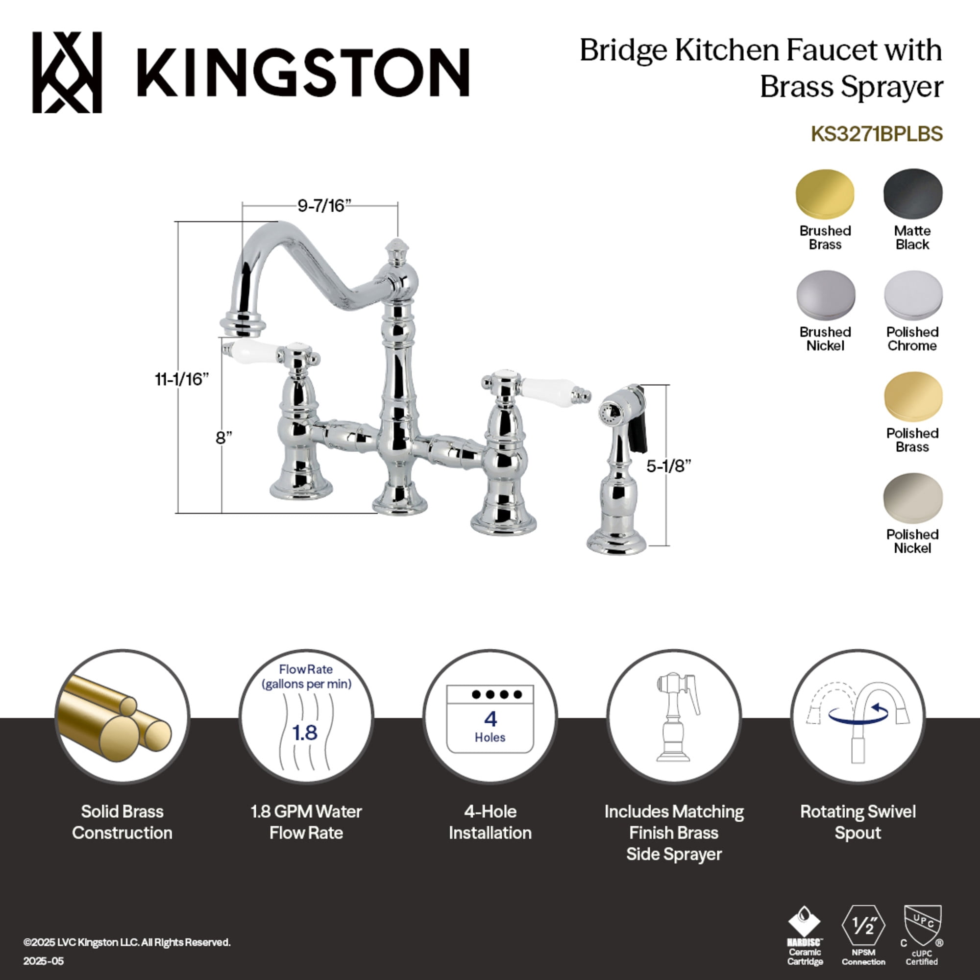 Kingston Brass KS3272BPLBS Bel-Air Two-Handle 4-Hole Deck Mount Bridge Kitchen Faucet with Brass Side Sprayer in Polished Brass