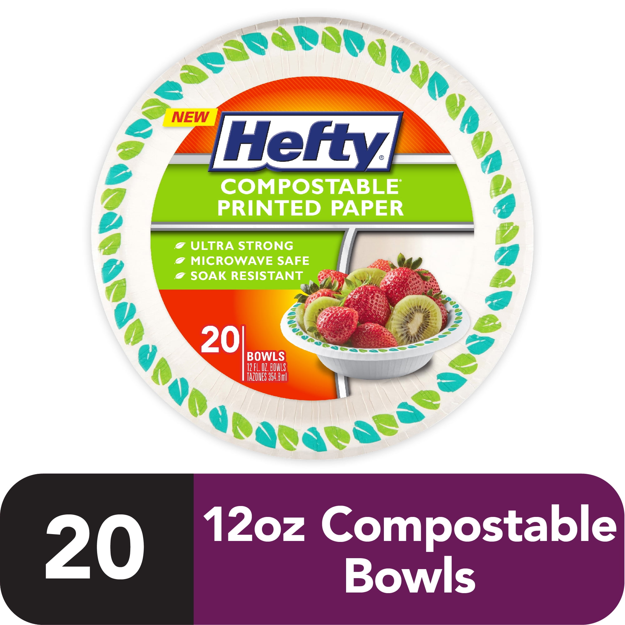 Hefty Compostable Printed Paper Bowls, 12 Ounce Capacity, 20 Count