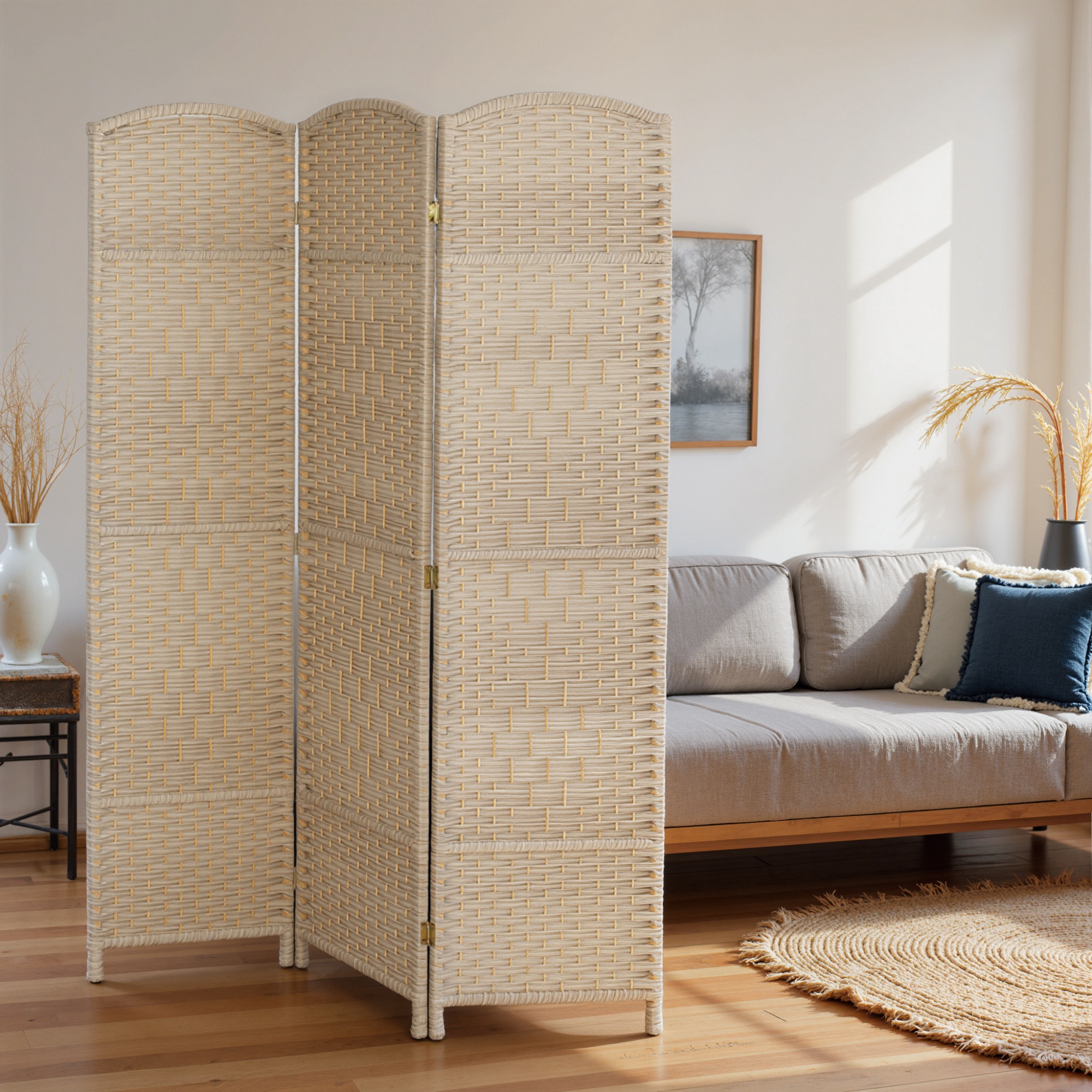 HOMCOM 3 Panel Room Divider, 6' Tall Folding Privacy Screen, Woven Freestanding Wood Partition for Home Office, Bedroom, Washed Oak
