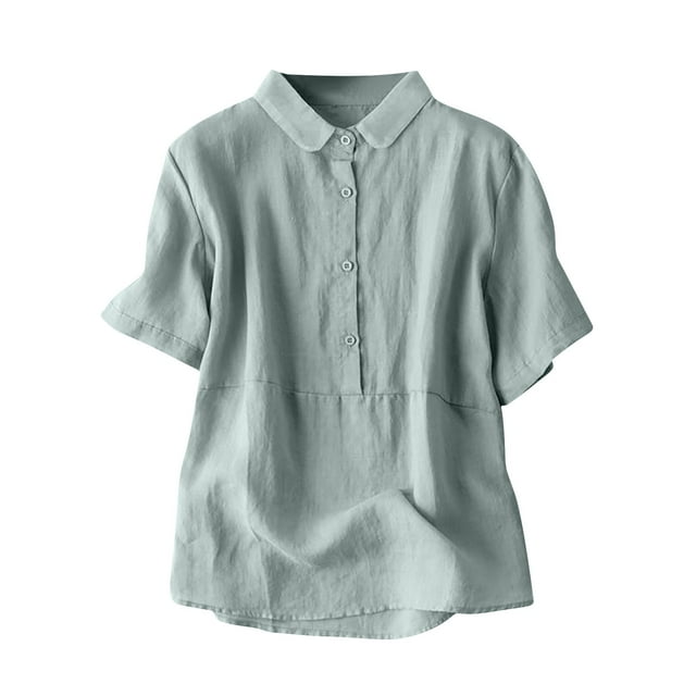 Women's New Solid Color Lapel Button Short Sleeve Casual Cotton Linen Top, Lightweight and Breathable, Perfect for Spring and Summer, Versatile Daily Wear Shirt for Office, Casual Outings