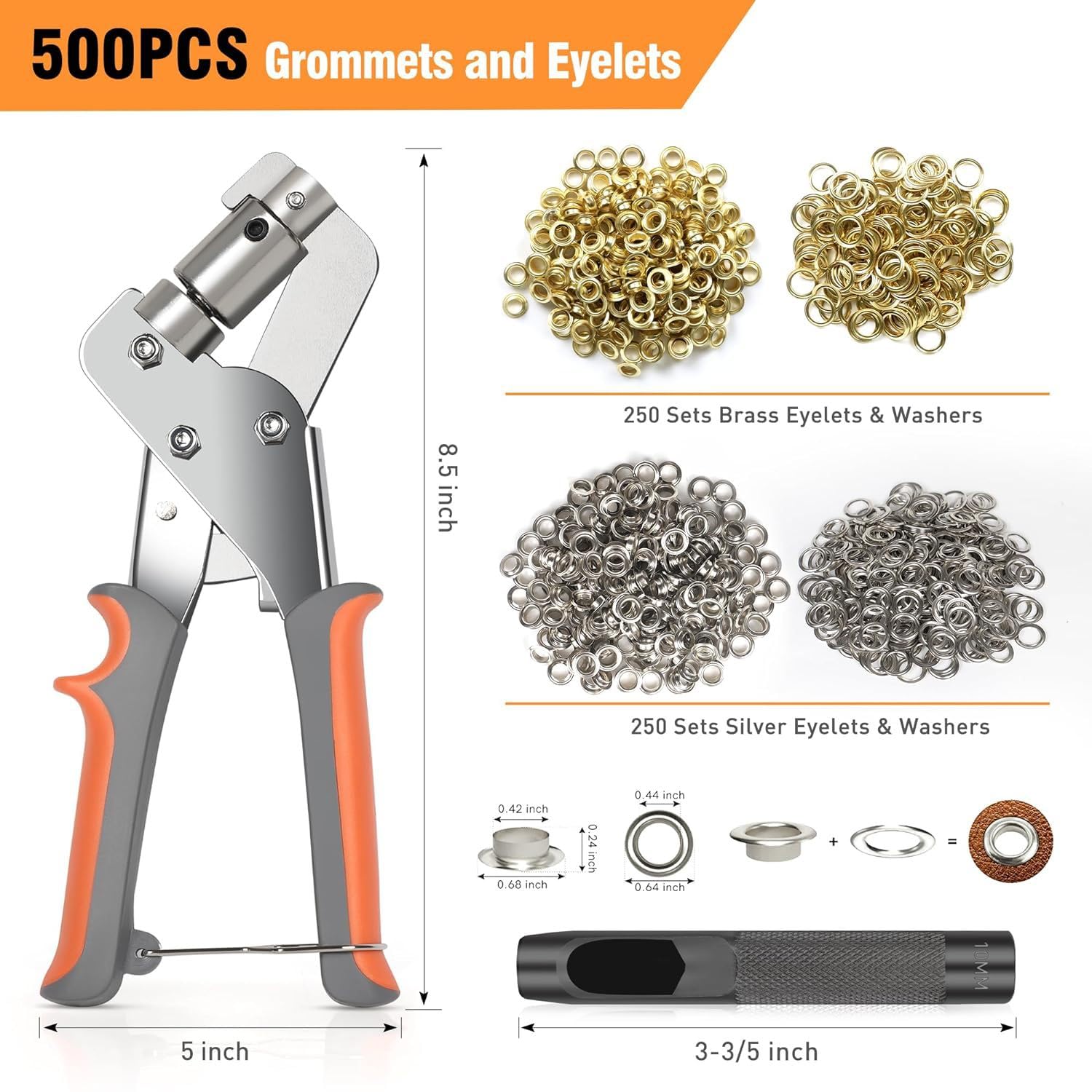 Professional Grommets Kit Handheld Eyelet Kit Hole,  Eyelet Tool, Press for Tarp, Fabric, Banner, Canvas, Leather, Tents, Vinyl, Punching Machine