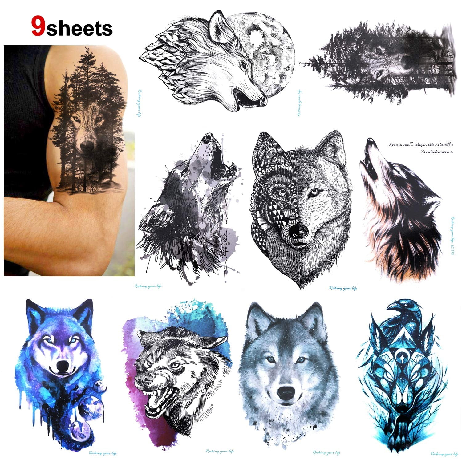 9 Sheet Wolf Temporary Tattoo Sticker For Adult Women Men Fashion Body Art Waterproof Temporary Tattoo Fake Tattoo Arm Hand Back 21x15cm Walmart Com