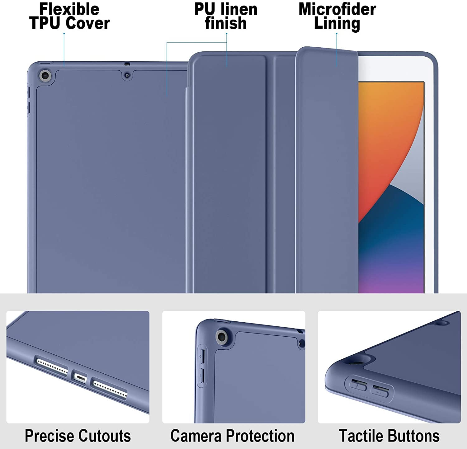 Akkerds Case Compatible with iPad 10.2 Inch 2021/2020 iPad 9th/8th Generation & 2019 iPad 7th Generation with Pencil Holder Auto Sleep/Wake Cover Blue Gray Protective Case with Soft TPU Back 