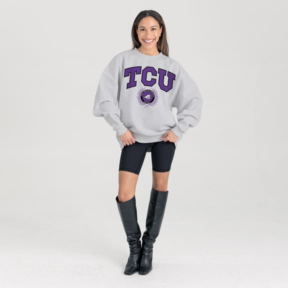 Women's Gameday Couture Ash TCU Horned Frogs Oversized Tradition Refined Premium Fleece Sweatshirt
