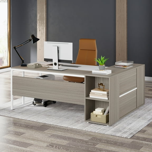 Finmind 71 inch Executive Desk, L Shaped Desk with Cabinet Storage, Executive Office Desk with Shelves, Business Furniture Set Workstation for Home Office, Gray and White