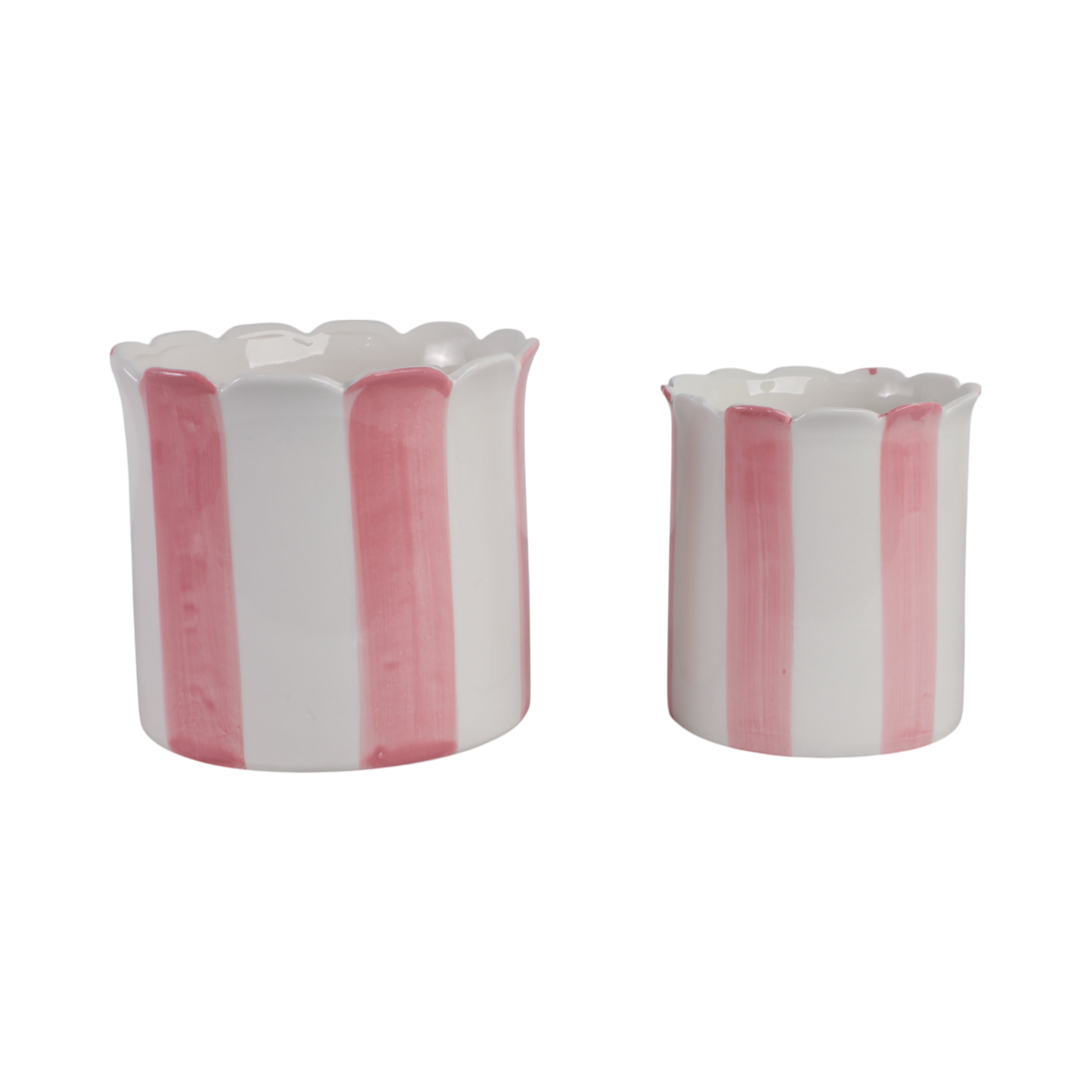Ceramic Scalloped Striped Flower Pots for Home Decor - Decorative Planters for Indoor and Outdoor Plants - Plant Pots for Living Room and Garden Decor - Set of 2, 7", 6", Pink & White