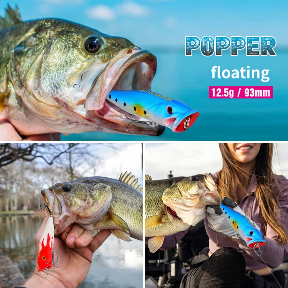 Elowen 3D Eyes Popper Lures Popper 8pcs Top Water Popper Lures 3D Eyes Artificial Fishing Lures with Hooks for Saltwater Freshwater Fishing