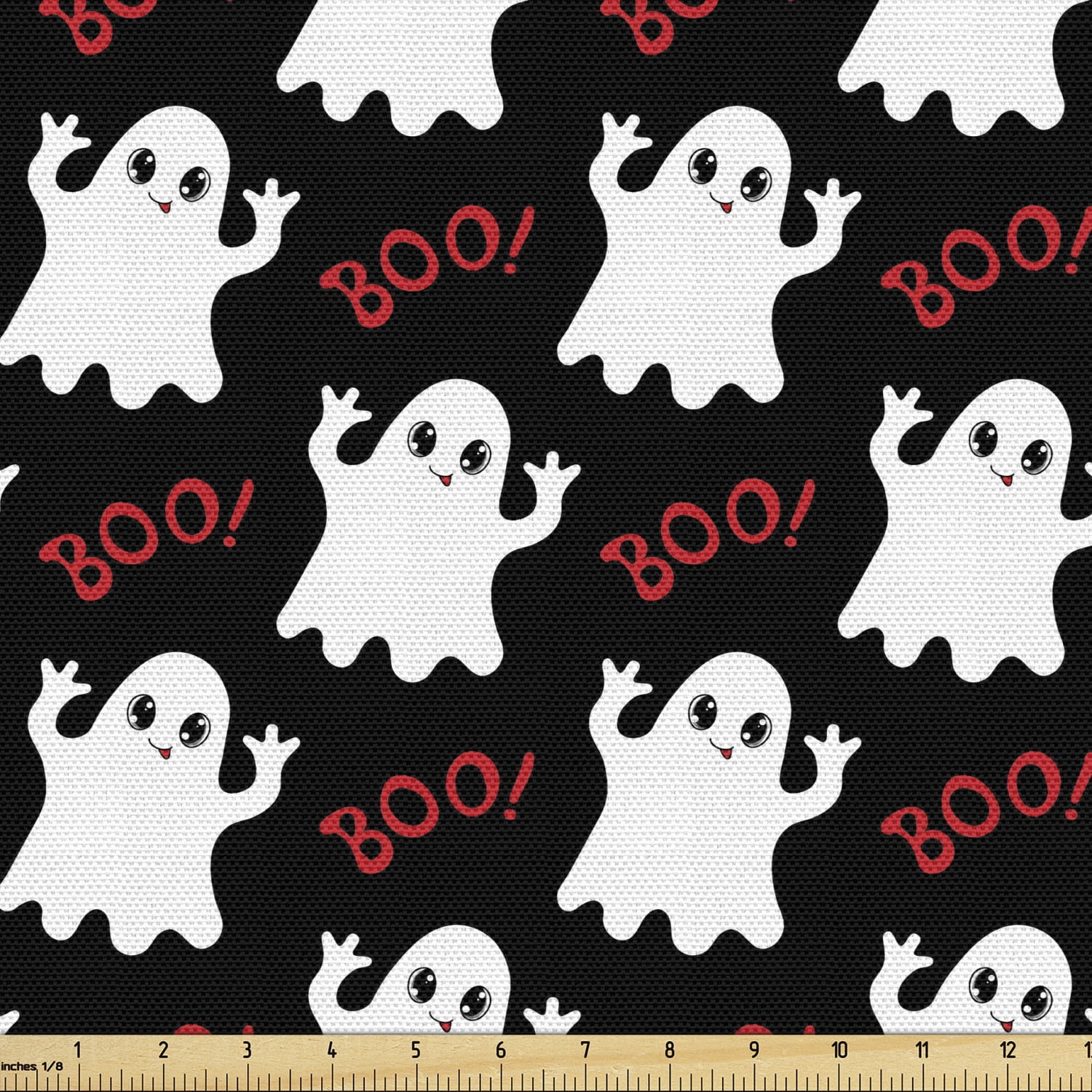 Ghost Fabric by the Yard, Happy Halloween Theme Silly Ghosts on Black