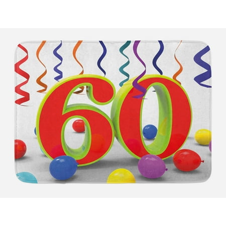 - 60th Birthday Bath Mat, Party Confetti Swirls with the Baloons Ribbons and Green Orange 60 Number, Non-Slip Plush Mat Bathroom Kitchen Laundry Room Decor, 29.5 X 17.5 Inches, Multicolor, Ambesonne