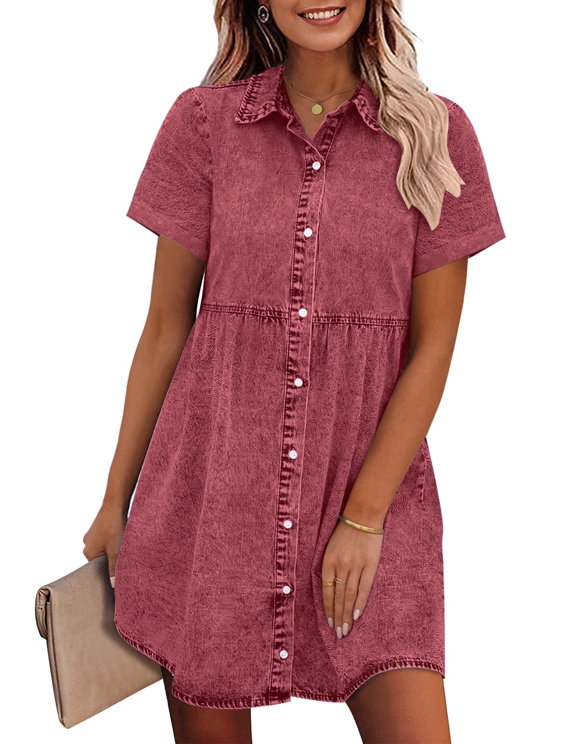 Vetinee Button Down Jean Dress for Women Cuffed Sleeve Tiered Babydoll