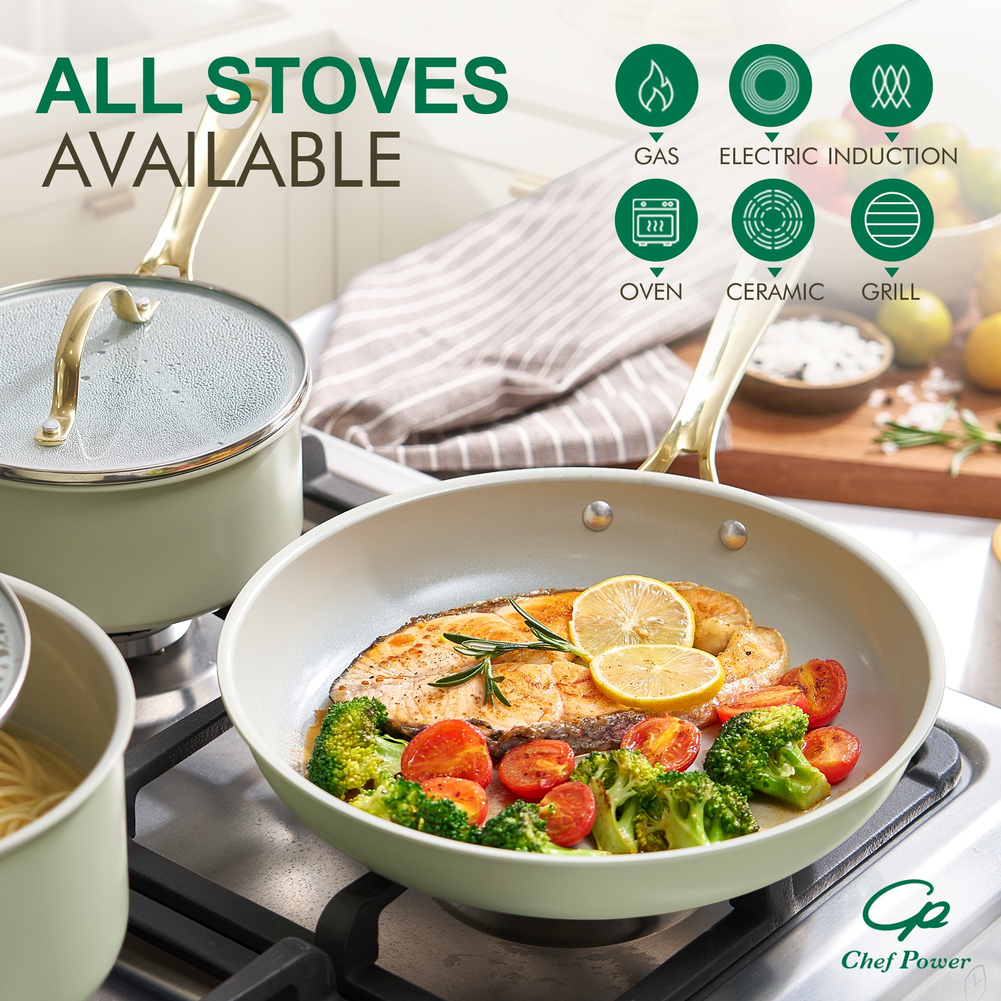 Chef Power 7 Pcs Ceramic Cookware Sets, Non-Stick Pots and Pans Set with Stainless Steel Handles, Dishwasher and Oven Safe, Sage Green with Light Gold Handles