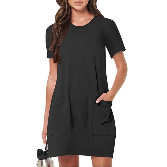 ClodeEU Women's Solid Color Short Sleeve Crewneck Dress with Pockets ,Casual Summer Loose Midi Dress Black,Womens Plus XXL