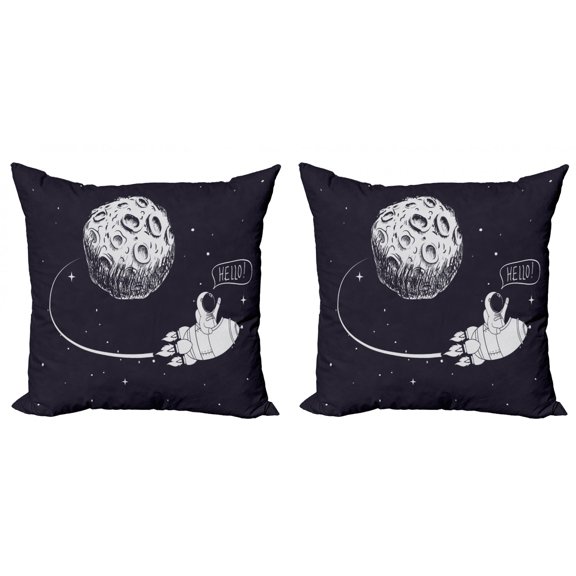 Hello Throw Pillow Cushion Cover Pack of 2, Hand Waving Astronaut in a Rocket from Moon Doodle Cosmic Outer Space Theme, Zippered Double-Side Digital Print, 4 Sizes, Indigo and White, by Ambesonne