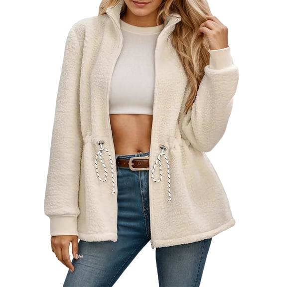 Bibifish Womens Jackets Fuzzy Full Zip Up Drawstring Waist Jackets With Side Pocket Relaxed Fit Warm Cozy Casual Daily Wear Stylish Jackets
