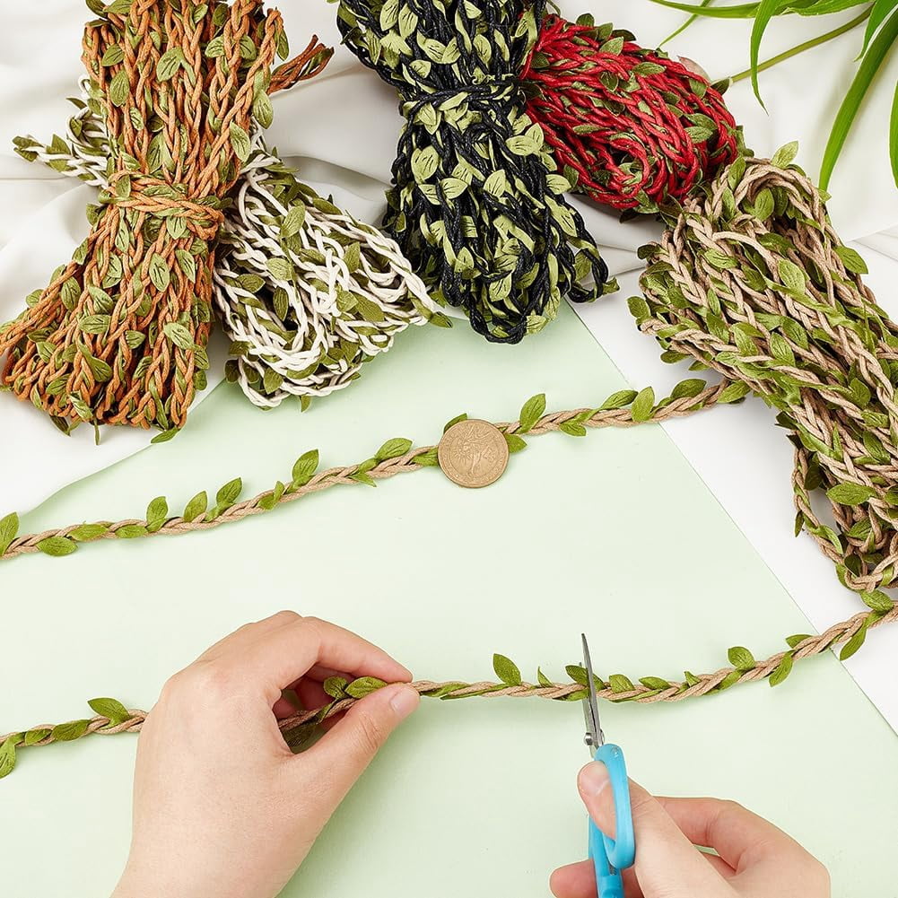164 Feet Natural Twine Green Leaf Jute Wax Rope 5 Colors Burlap Leaf Ribbon Decoration Vine with Artificial Green Leaves for DIY Crafts Gift Wrapping Wedding and Party Decor for DIY