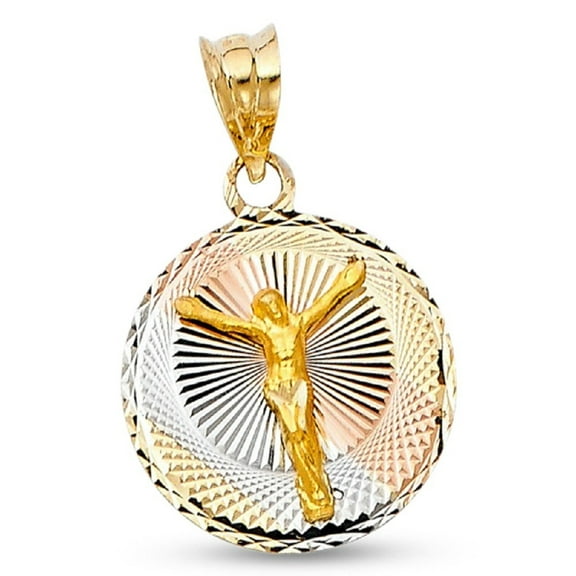 Jesus Cross Stamp Diamond Cut Round Pendant 14k Tri Tone Gold Solid Polished Religious Genuine Charm New 20 mm x 15 mm