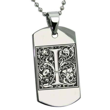 Stainless Steel Letter I Initial Floral Monogram Engraved Dog Tag Pendant