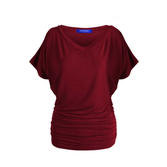 Women's Solid Short Sleeve V Neck Dolman Top With Side Shirring Wine S