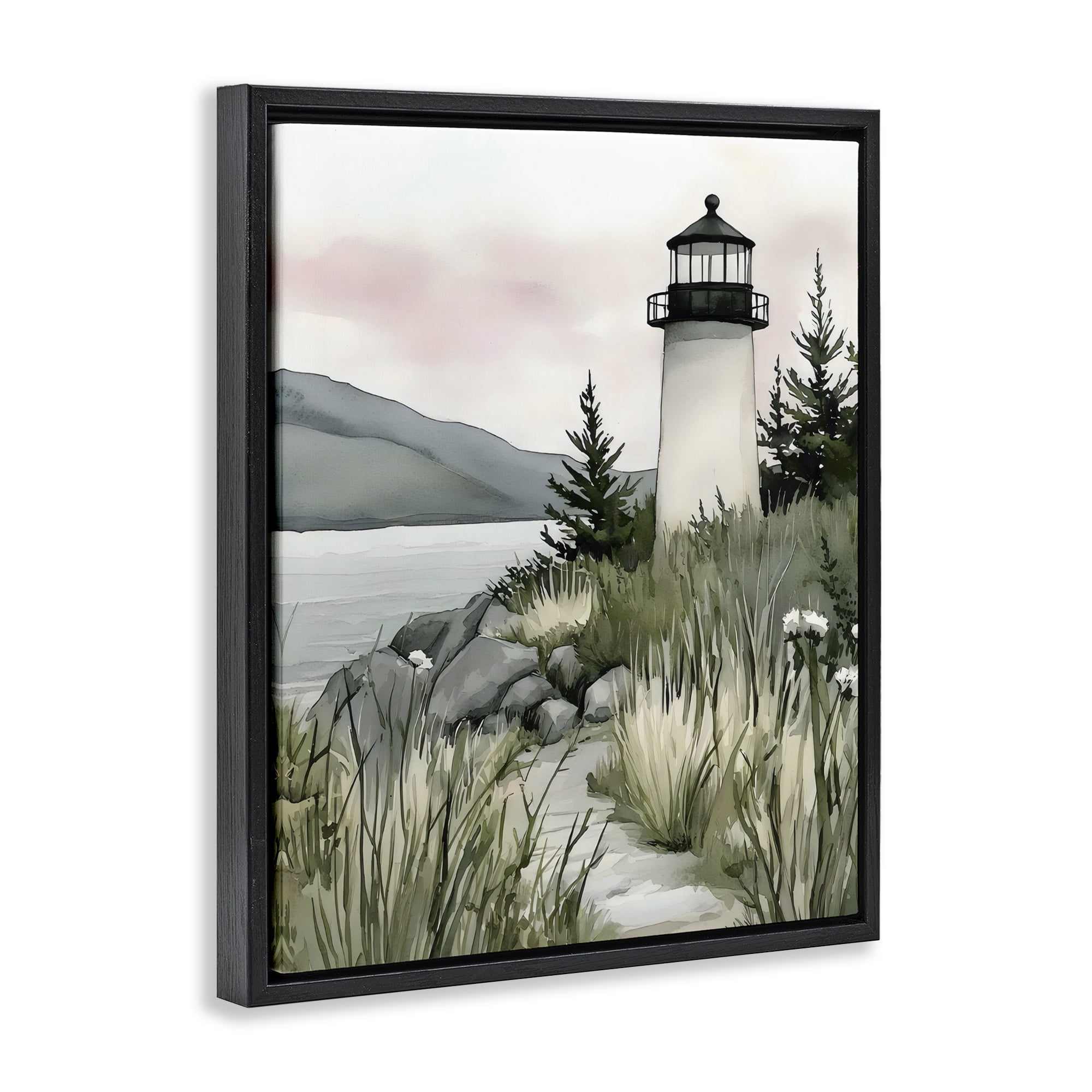 Stupell Industries Coastal Calm Lighthouse Black Framed Floater Canvas Wall Art, design by Riley B