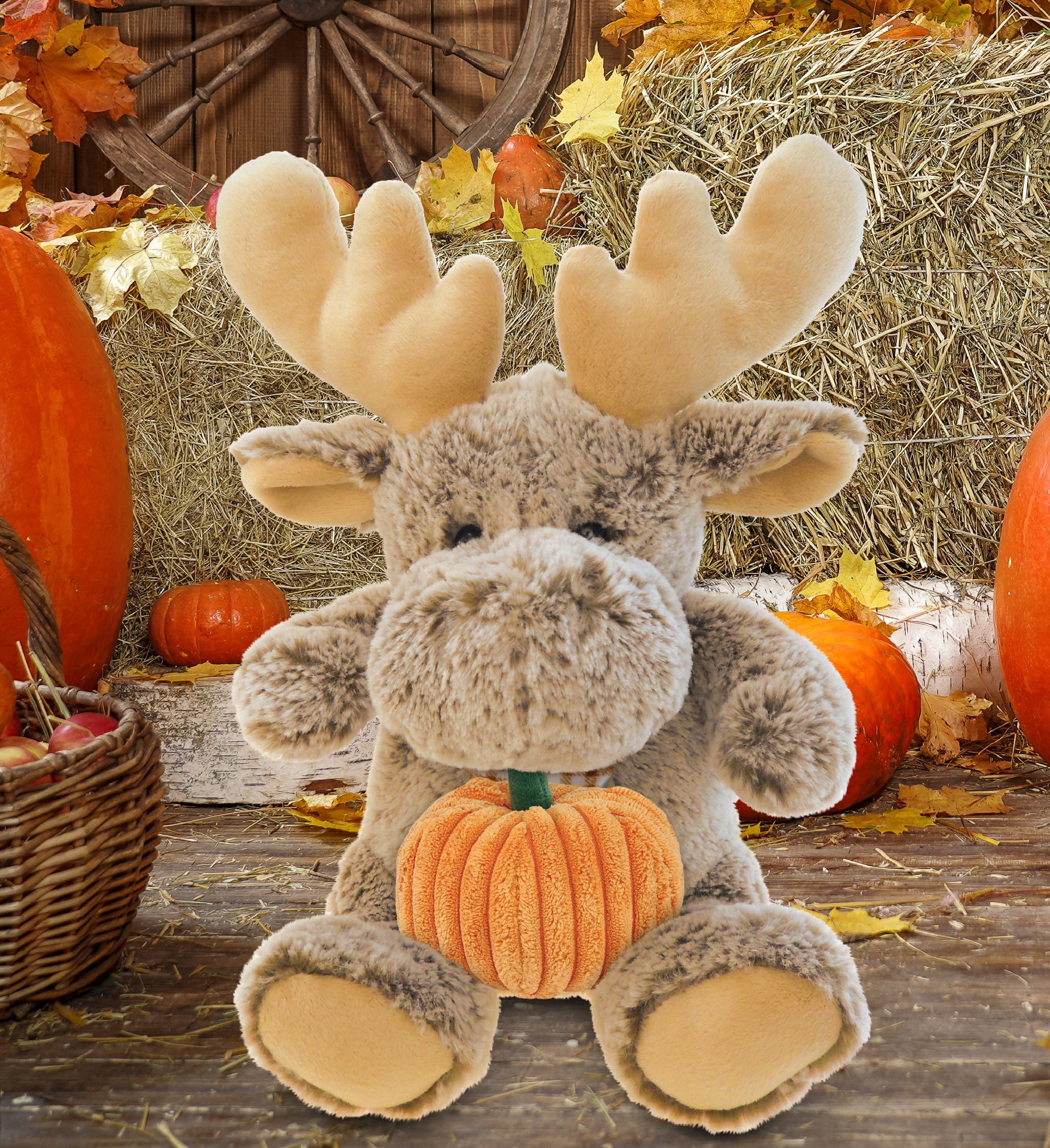 DolliBu Super Soft Sitting Moose Stuffed Animal with Pumpkin Decor - Pumpkin Plush Animal for Fall, Halloween and Thanksgiving, Pumpkin Toy for Baby, Kids, Adults - 11 Inches