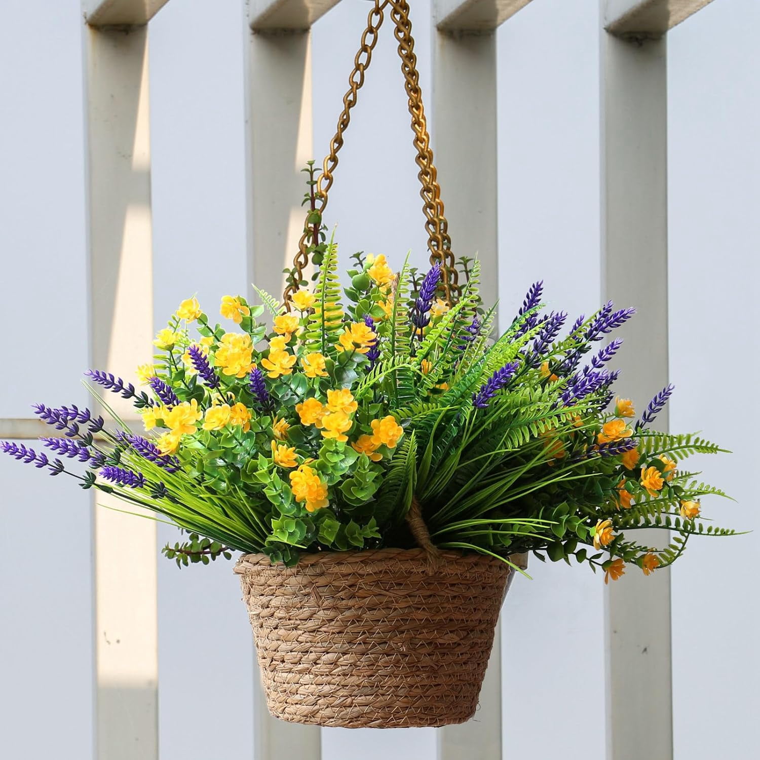 18Pcs UV Resistant Artificial Monkey Grass, Ferns, Mums & Rosemary Plants Outdoor - Faux Greenery Arrangement for Front Porch, Window Box Planter, Hanging Basket, Garden Deco