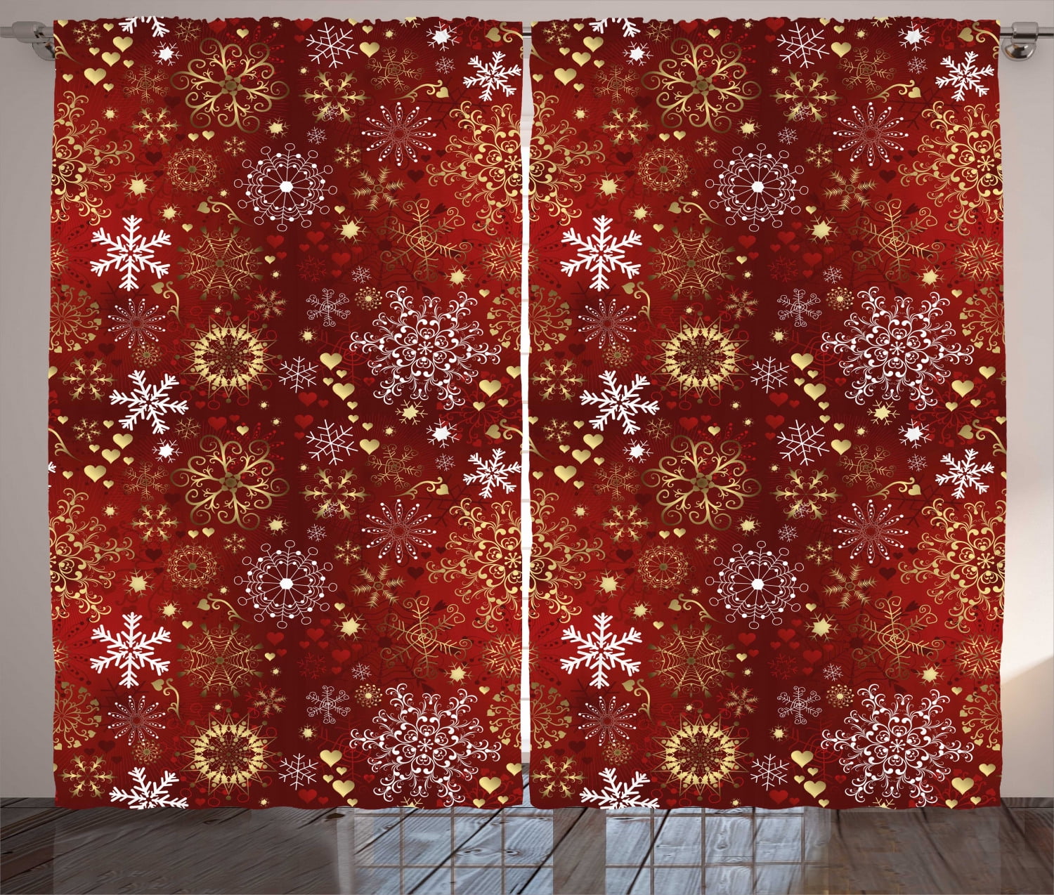 Winter Curtains 2 Panels Set, Old Fashioned Christmas Mix with Hearts