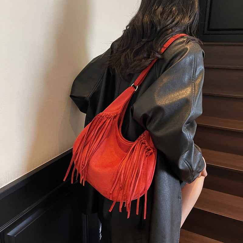 Crossbody Bags for Women, Women Faux Suede Tassel Handbag Adjustable Strap For Work Travel (Red)