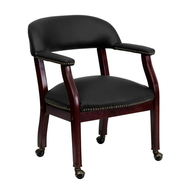 Black Top Grain Leather Conference Chair with Accent Nail Trim and Casters