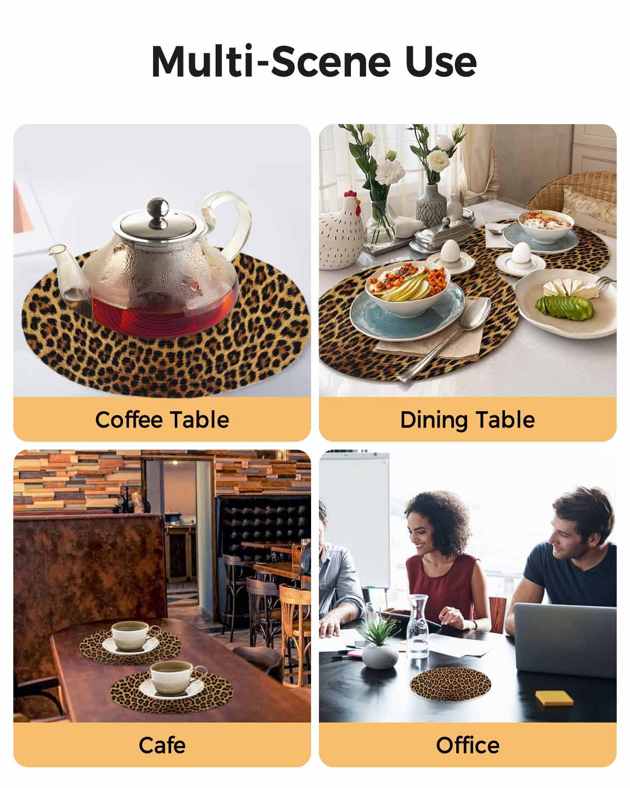 Brown Retro Leopard Print Round Table Placemats set of 4, Abstract Animal Texture Washable Woven Place Mats for Dining Tables Kitchen Party Decor,Heat Proof, 15in,