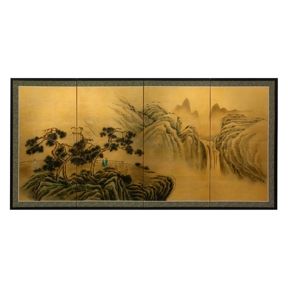 Oriental Furniture 36" Mountaintop Waterfall on Gold Leaf wall art/screen, Lacquer, silk, traditional, Asian