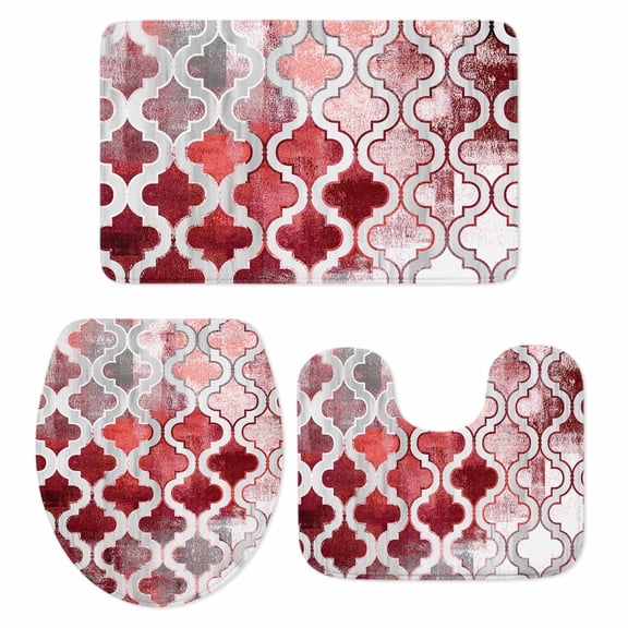 Red Morocco Bath Mat 3 Piece Bathroom Rug Set, Rustic Country Smear Street Mottled Art Non Slip Bath Rug Contour Mat and Toilet Lid Cover, Absorbent Shower Mats Soft Bath Rugs and Mats Sets